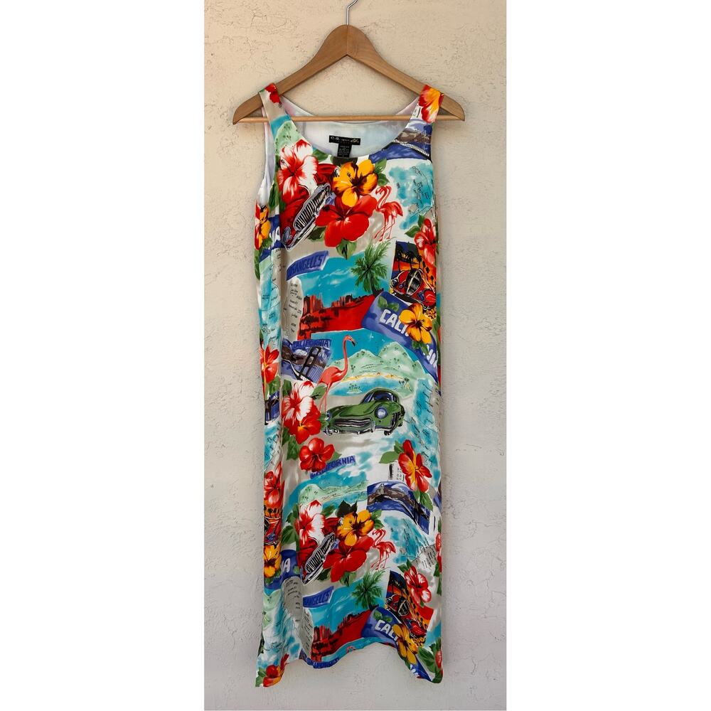 Vintage C.A. Magic California Scenic Print Silk Blend Maxi Dress Size Small